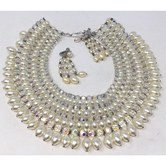 Vendome Faux Pearl Bib & AB Crystal Beads Vintage Runway Statement Necklace Set - Picture 3 of 6